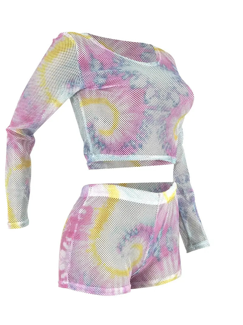 Tie Dye Mesh Two-piece Set, Sexy Long Sleeve Crop Top & High Waist Shorts 2pcs Outfits For Spring & Summer, Women's Clothing