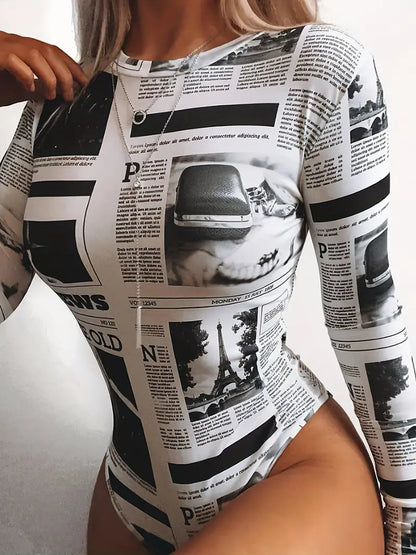 Plus Size Sexy Bodysuit, Women's Plus Newspaper Print Round Neck Long Sleeve Bodysuit