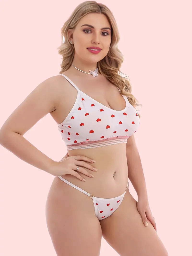 Flaunt Your Curves in This Cute Plus Size Lingerie Set - Heart Print Striped Band Bra & Panty Kawaii Underwear!