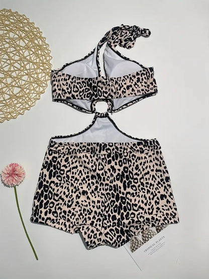 Leopard Print Ring-Linked One Piece Swimsuit, Halter Neck Cut Out V Neck Shorts Bathing Suit, Women's Swimwear & Clothing