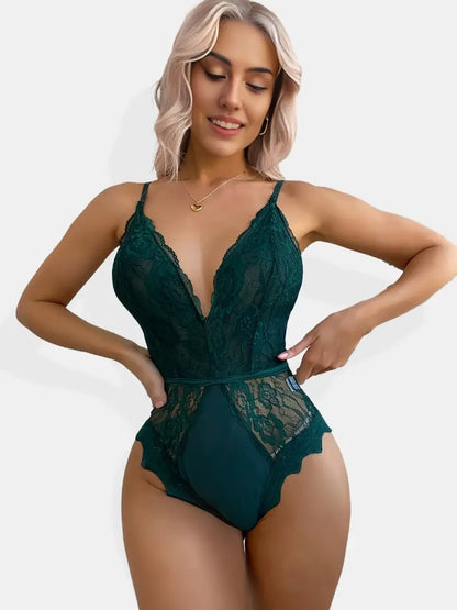 Body de encaje sexy con entrepierna a presión para mujer, Babydoll de encaje de una pieza con escote en V profundo 