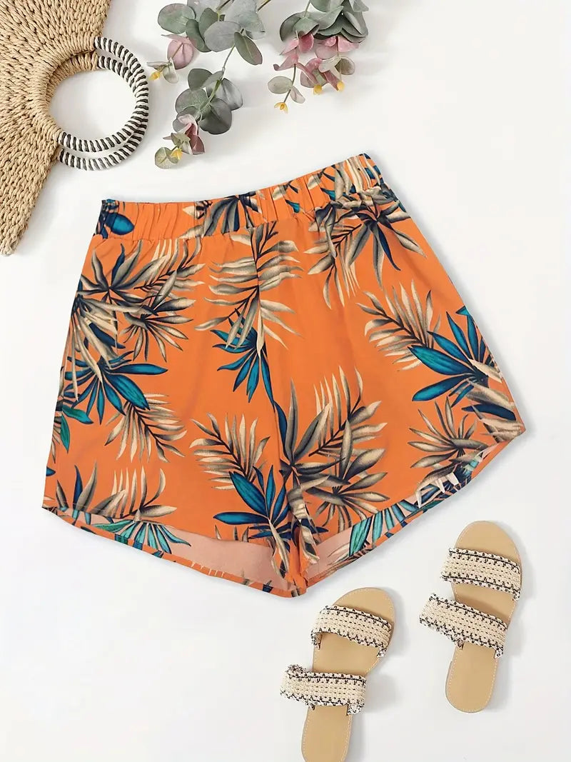 Plus Size Boho Shorts, Women's Plus Leaf Print High Rise Slight Stretch Casual Shorts