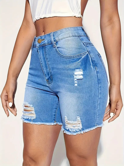 Plus Size Casual Denim Shorts, Women's Plus Washed Ripped Raw Trim Button Fly High Rise High Stretch Denim Shorts With Pockets