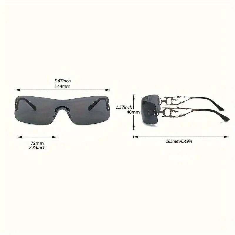 Y2K Wrap Around Fashion Sunglasses For Women Men Rimless One-piece Glasses Hollow Temple Hip Hop Outdoor Eyewear