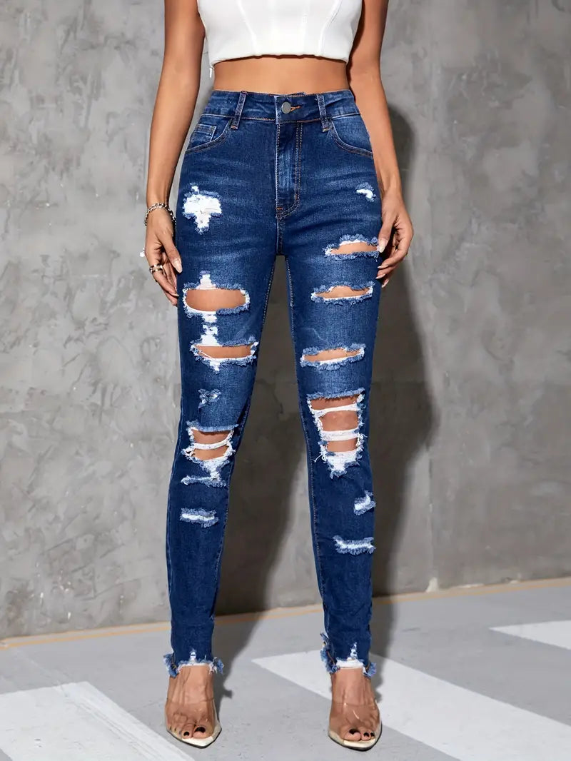 Blue Ripped Holes Skinny Jeans, Slim Fit Frayed Trim Distressed High-Stretch Denim Trousers, Women's Denim Jeans & Clothing