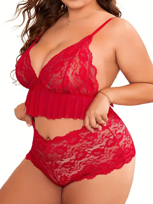 Plus Size Sexy Lingerie Set: Contrast Lace & Semi Sheer Costumes for Women