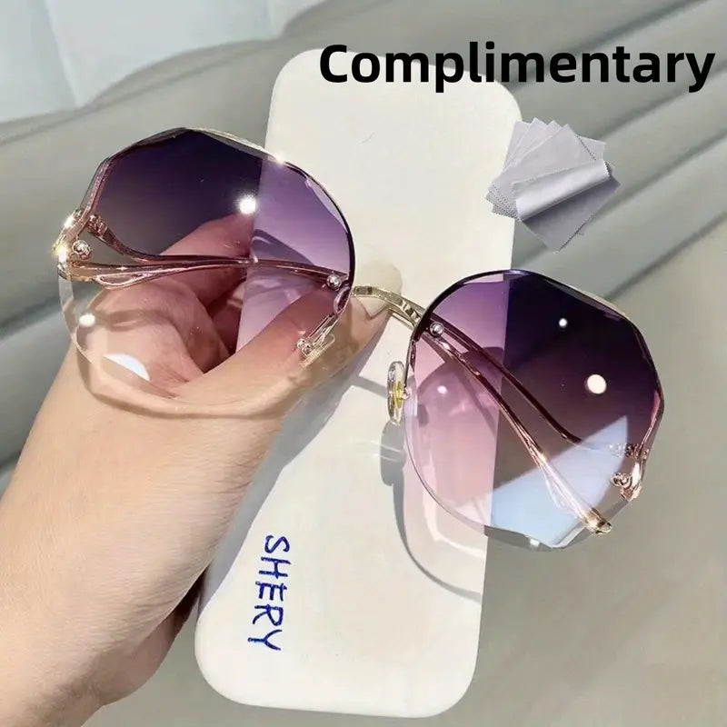 Stylish and Safe: Women's Rimless Cut Edge Sunglasses with UV Protection and Ocean Gradient Tea Pink Tint!