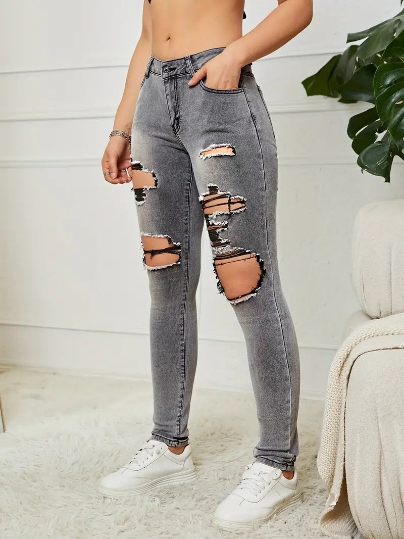 Women's Street Style Denim Pants: Ripped High Waist Washed Distressed Jeans with High Stretch Solid Color