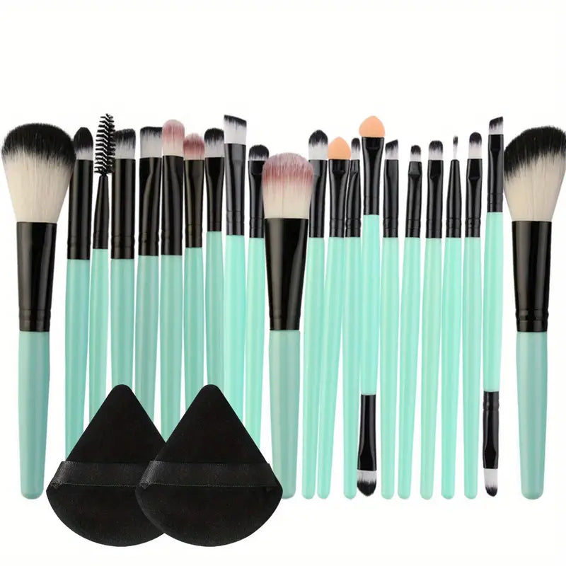 All-in-One 22-Piece Professional Makeup Brush Set + 2 Triangle Puffs - Nylon Bristles for Perfect Application: Foundation, Powder, Concealers, Eye Shadows, Blush, & More