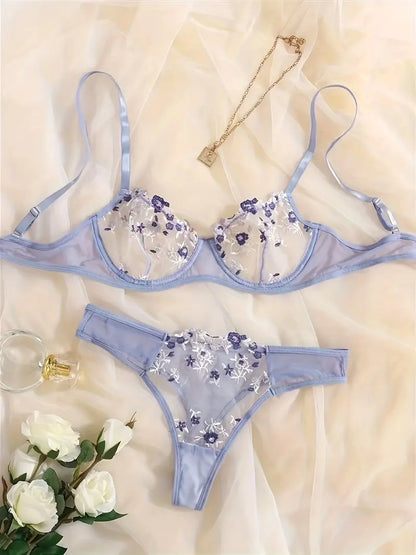 Floral Embroidery Lingerie Set, Ultra-thin Unlined Bra & Mesh Thongs, Women's Lingerie & Underwear