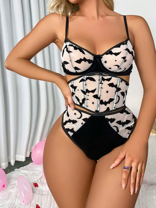 Bat Print See Through Bra With Thongs, Sexy Lingerie Two Set, Women's Lingerie & Underwear