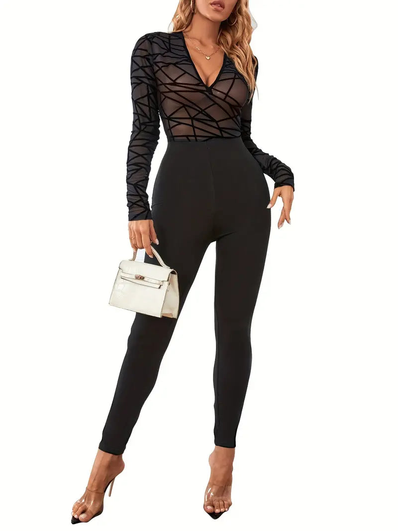 Solid Sheer Jumpsuit, Sexy Long Sleeve Crew Neck Long Length Jumpsuit, Women's Clothing