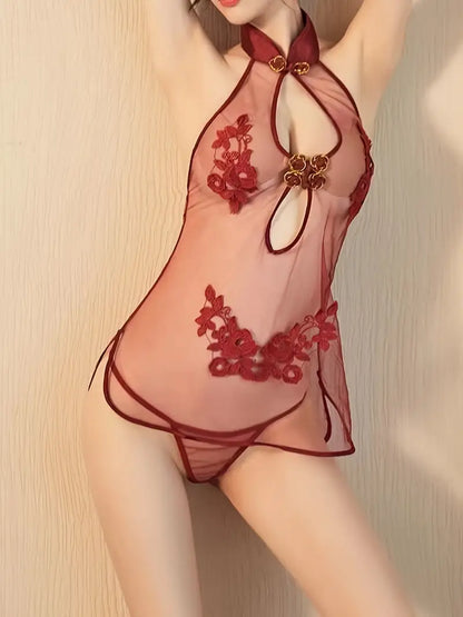 Sexy Cheongsam Cosplay Lingerie Costume, Uniform Temptation Button See Through Mini Dress With Thong, Women's Sexy Lingerie & Underwear