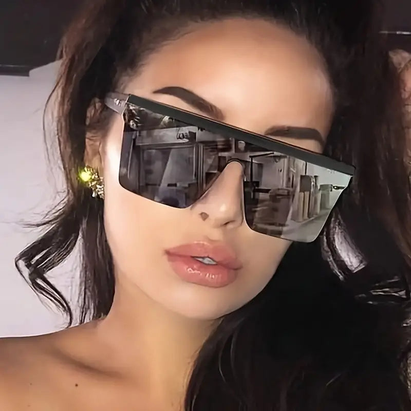 Y2K One-piece Fashion Sunglasses For Women Men Large Flat Top Mirror Lens Glasses For Driving Beach Party Club