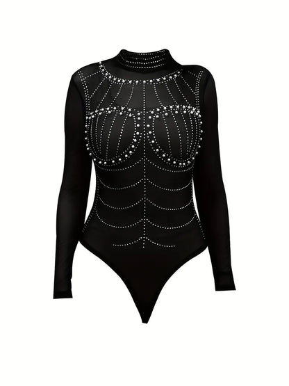 Beaded Sheer Slim One Piece Bodysuit, Sexy Long Sleeve Mock Neck Bodysuit, Women's Clothing