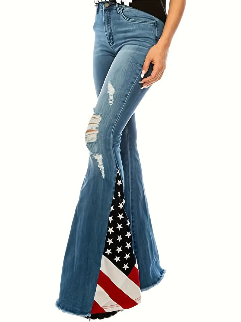 American Flap Patchwork Raw Hem Flare Leg Jeans, Ripped Vintage Retro Star Stripes Pattern Whiskering Bell Bottoms Denim Pants, 4th Of July Independence Day Outfit, Women's Denim Jeans & Clothing