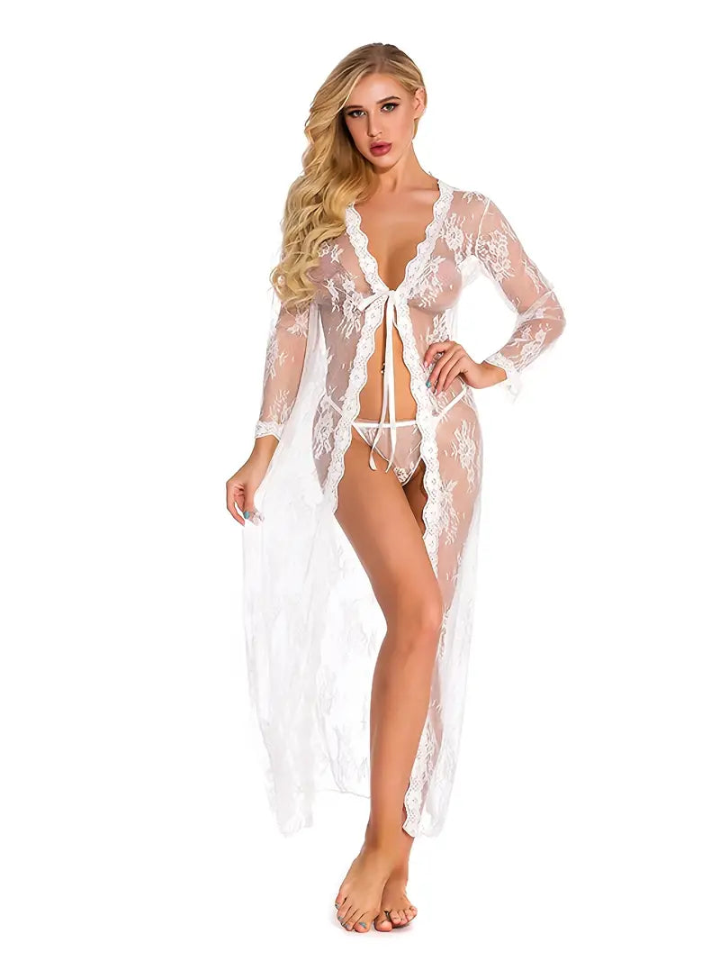 Lingerie For Women Long Lace Front Open Semi-Sheer Mesh Night Robe Sleep Lingerie