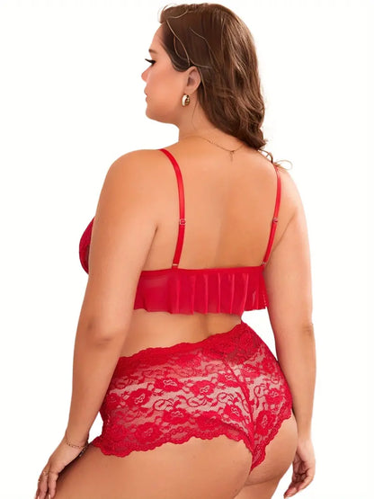 Plus Size Sexy Lingerie Set: Contrast Lace & Semi Sheer Costumes for Women