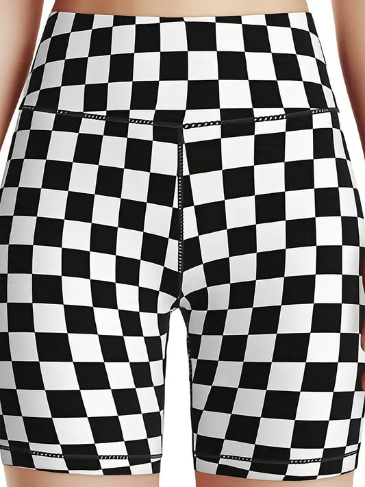 Checkerboard Hip Lifting Yoga Sports Shorts, High Waist Workout Biker Shorts, Women's Activewear