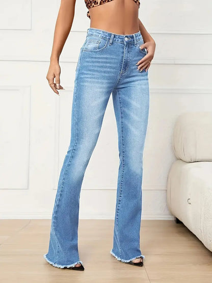 Women's Flared Denim Jeans with Raw Hem and Slash Pockets - A Stylish and Comfortable Look!