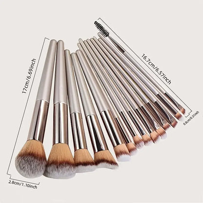 Luxurious 14Pcs Champagne Colored, Alcohol-Free Makeup Brush Set - Soft Nylon Bristles, Ideal for All Skin Types, Perfect for Smooth Application!