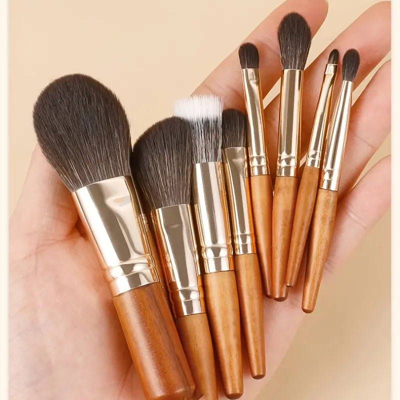 Deluxe 9-Piece Mini Makeup Brush Set - Powder, Blusher, Eye Shadow - Short Handle, Soft Nylon Bristles, Durable Wooden Rod - Alcohol-Free, All Skin Types, Compact Design - Girls & Women