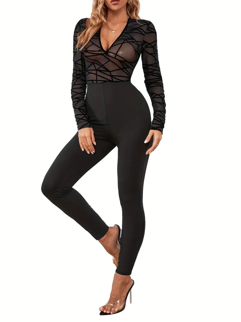 Solid Sheer Jumpsuit, Sexy Long Sleeve Crew Neck Long Length Jumpsuit, Women's Clothing