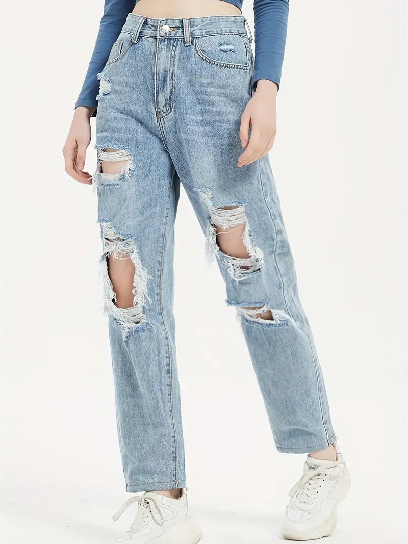 Jean en denim déchiré taille haute coupe ample pour femme - Poches obliques et pantalon ample non extensible 