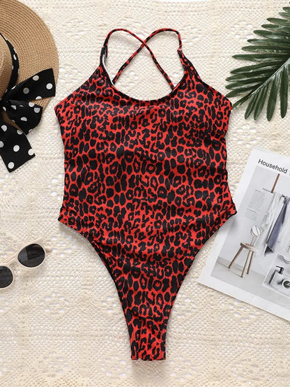 Leopard Print Halter Neck One Piece Swimsuit: Make a Splash in This Sexy, High Cut Bathing Suit!