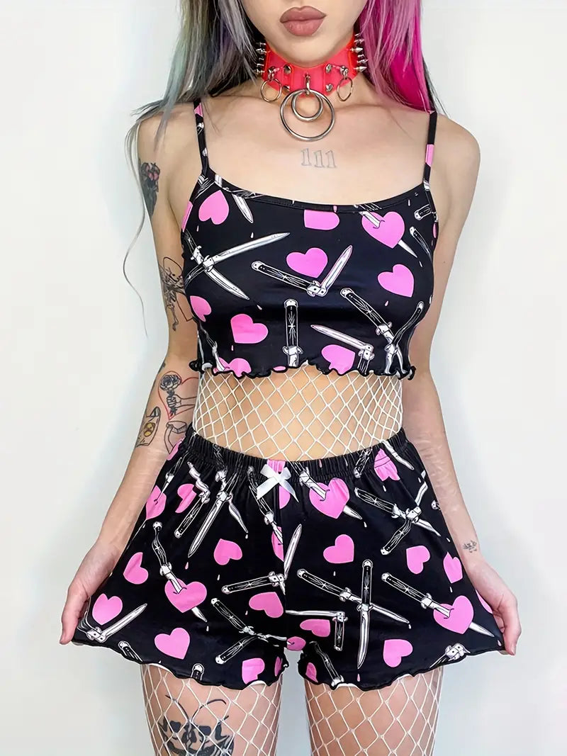 Heart Print Matching Two-piece Set, Y2K Crop Cami Top & Shorts Outfits, Women's Clothing