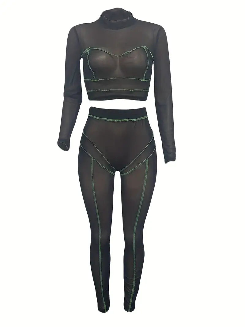 Sexy Semi-Sheer Two-Piece Set: Look Stylish & Feel Comfortable with Mock Neck Long Sleeve Crop Tops & Long Length Leggings Outfits!