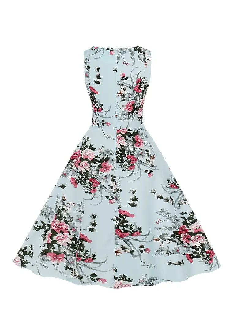 Floral Print Tie Front Dress, Vintage Elegant Crew Neck Sleeveless Tank Dress, Women's Clothing