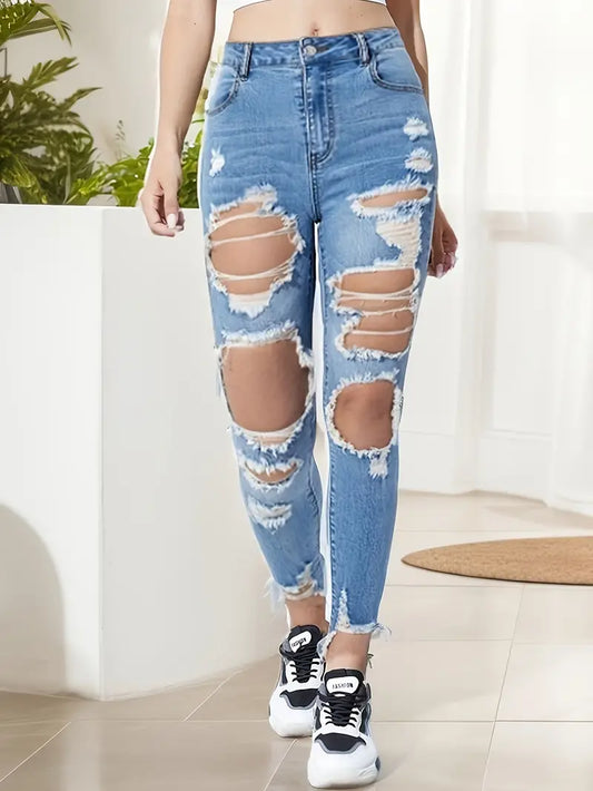 Blue Ripped Holes Skinny Jeans, Slim Fit High-Stretch Distressed Tight Jeans, Women's Denim Jeans & Clothing