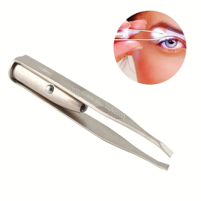 LED-Illuminated Portable Stainless Steel Eyebrow Tweezer for Precise Hair Removal and Makeup Application