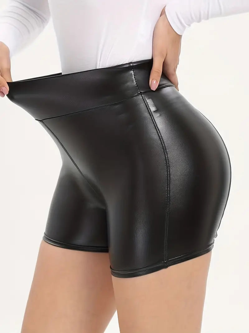 Sexy PU Fake Leather Sports Skinny Yoga Shorts, Summer Booty Short Pants, Women's Activewear