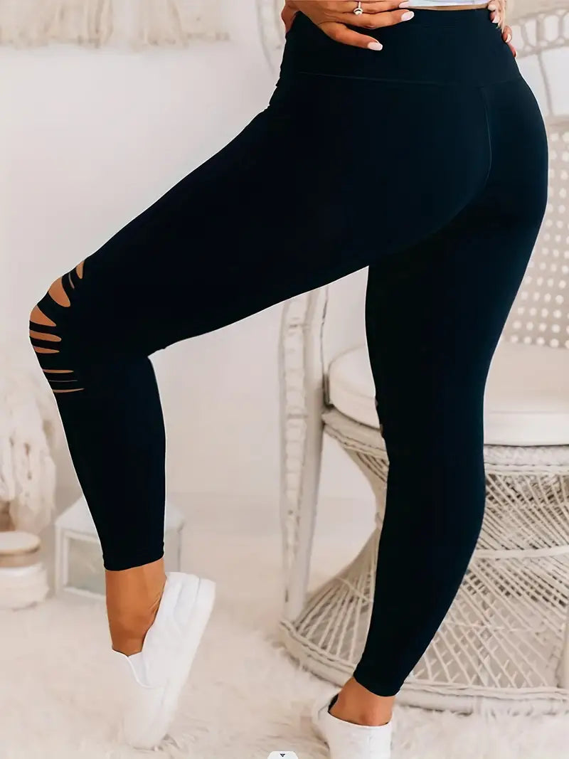 Plus Size Casual Leggings, Women's Plus Plain Ripped High Rise Stretchy Leggings