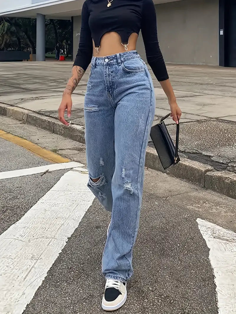 High Rise Ripped Loose Boyfriend Jeans, Straight Leg Distressed Stacked Mom Jeans, Women's Denim Jeans & Clothing