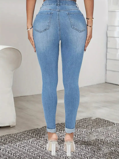 Women's Distressed Denim Jeans with Ripped Slash Pockets - High Waist Skinny Fit for a Tight Look!