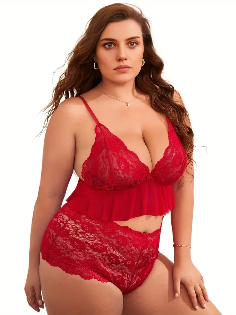 Plus Size Sexy Lingerie Set: Contrast Lace & Semi Sheer Costumes for Women