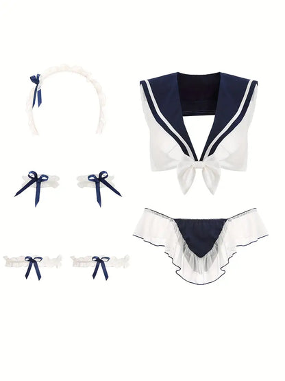 Naughty Sailor Role-Play Costume, Bow Mesh Bra & Ruffle Thong, Women's Sexy Lingerie & Underwear