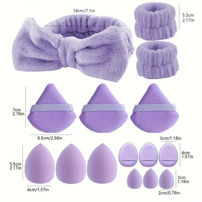 15-Piece Hypoallergenic Makeup Tool Set - Spa Headband, Wristband, Powder Puffs & Wet/Dry Sponges - Ideal Gift for Beginners & Artists