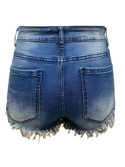 Plus Size Sexy Denim Shorts, Women's Plus Solid Fringe Trim High Rise Medium Stretch Button Fly Pocketed Denim Shorts