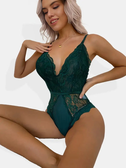 Body de encaje sexy con entrepierna a presión para mujer, Babydoll de encaje de una pieza con escote en V profundo 