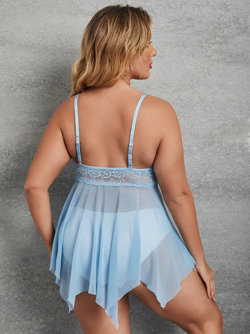 Plus Size Women's Sexy Costumes Dress with Contrast Lace, Semi Sheer Bow Front, and Solid Stretch Medium Fit