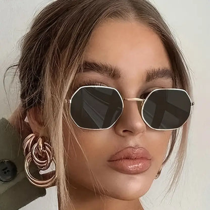 Polygon Metal Frame Sunglasses For Women Retro Tinted Fashion Anti Glare Sun Shades For Vacation Beach Party