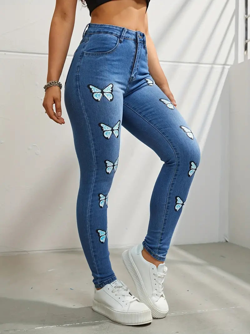 Women's Y2K Washed Blue Denim Jeans with Butterfly Print & High Stretch Skinny Fit - Slash Pocket Design