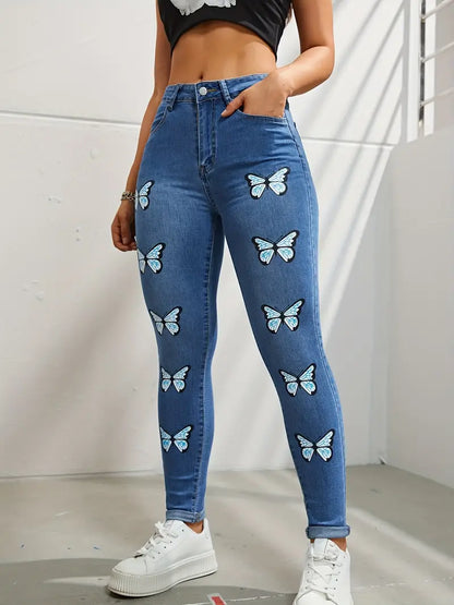 Women's Y2K Washed Blue Denim Jeans with Butterfly Print & High Stretch Skinny Fit - Slash Pocket Design