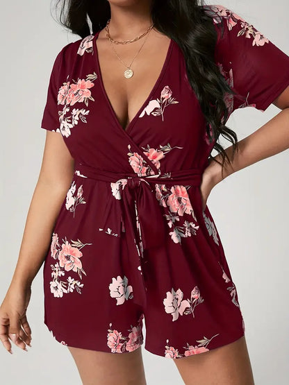 Plus Size Casual Romper, Women's Plus Floral Print Short Sleeve Surplice Neck Romper With Belt