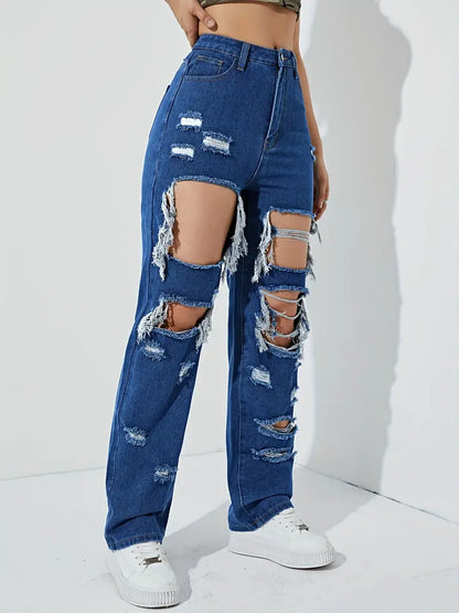 Women's Grunge Denim Jeans: High Rise Destroyed Legs & Slim Fit Ripped Distressed Pants