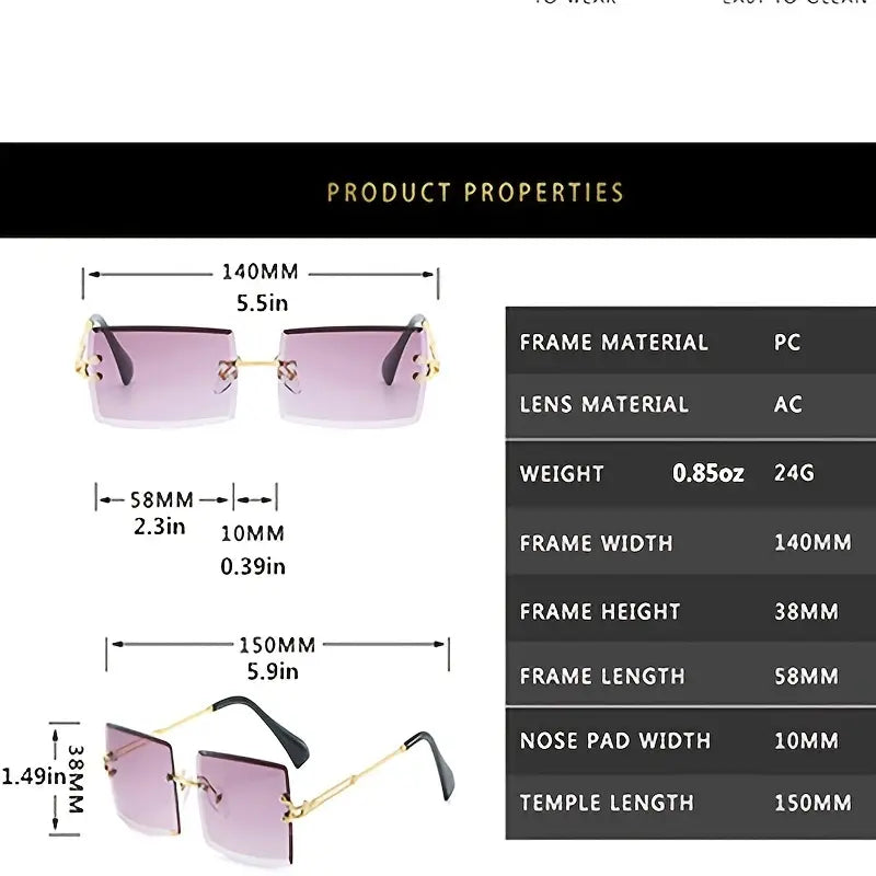 Vintage Rimless Rectangle Sunglasses For Women Tinted Lens Golden Metal Frameless Vintage Square Glasses Protection